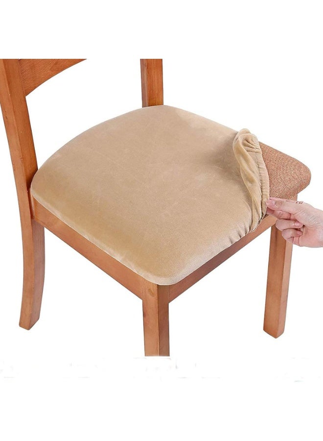 Stretch Velvet Dining Chair Seat Covers, Elastic Removable Chair Seat Slipcovers Protector for Dining Room, Set of 4, Beige - Image 1