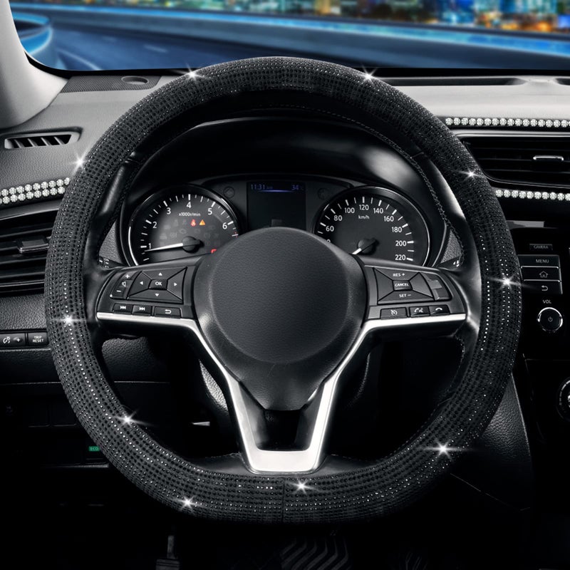 SEG Direct Diamond Flat Bottom Steering Wheel Cover, D Shaped Car Wheel Cover 14 1/2-15 in. (37-39 cm), Bling Sparkly Rhinestones, Black with Black Diamond - Image 1