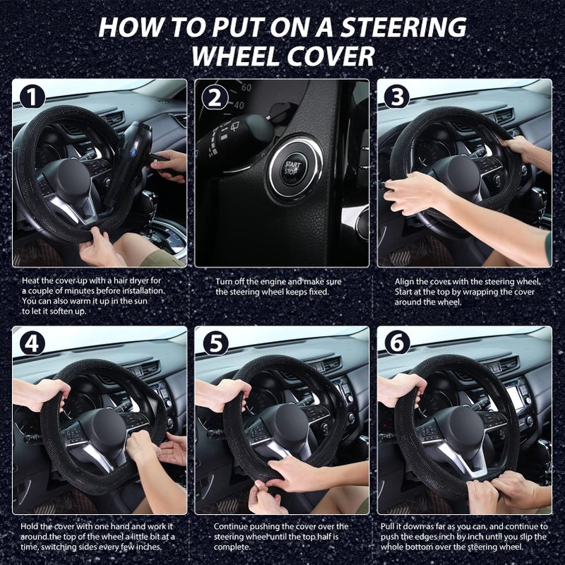 SEG Direct Diamond Flat Bottom Steering Wheel Cover, D Shaped Car Wheel Cover 14 1/2-15 in. (37-39 cm), Bling Sparkly Rhinestones, Black with Black Diamond - Image 5