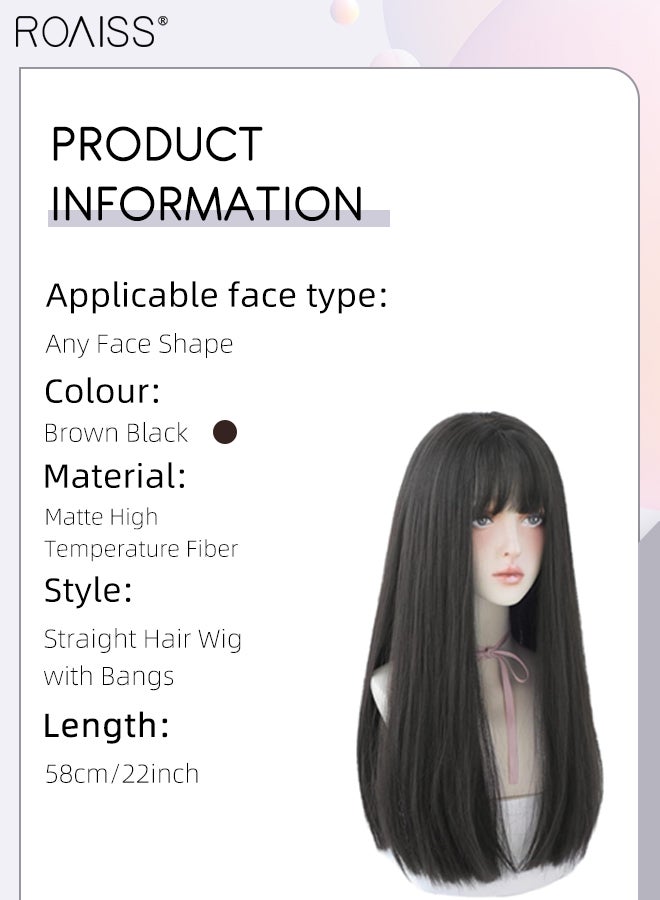 roaiss Women's Long Straight Hair Wig with Bangs, Natural Soft Synthetic Heat Resistant Hair Wig for Wedding Cosplay Party Daily Use, Brown Black, 58cm (22 inches) - Image 2