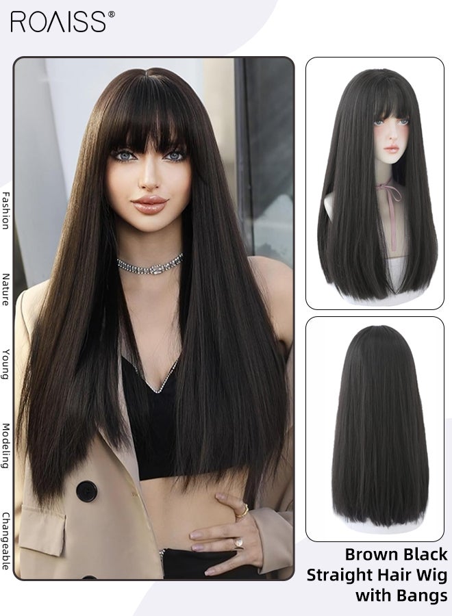 roaiss Women's Long Straight Hair Wig with Bangs, Natural Soft Synthetic Heat Resistant Hair Wig for Wedding Cosplay Party Daily Use, Brown Black, 58cm (22 inches) - Image 1