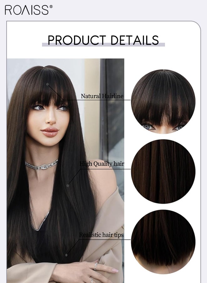 roaiss Women's Long Straight Hair Wig with Bangs, Natural Soft Synthetic Heat Resistant Hair Wig for Wedding Cosplay Party Daily Use, Brown Black, 58cm (22 inches) - Image 4