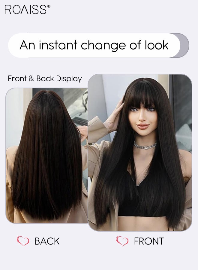 roaiss Women's Long Straight Hair Wig with Bangs, Natural Soft Synthetic Heat Resistant Hair Wig for Wedding Cosplay Party Daily Use, Brown Black, 58cm (22 inches) - Image 3