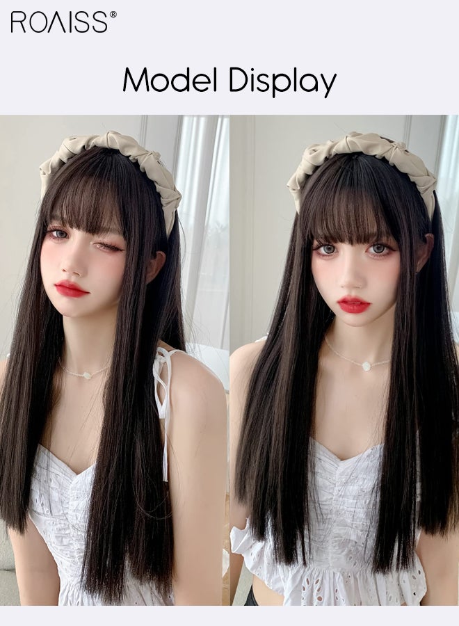 roaiss Women's Long Straight Hair Wig with Bangs, Natural Soft Synthetic Heat Resistant Hair Wig for Wedding Cosplay Party Daily Use, Brown Black, 58cm (22 inches) - Image 5