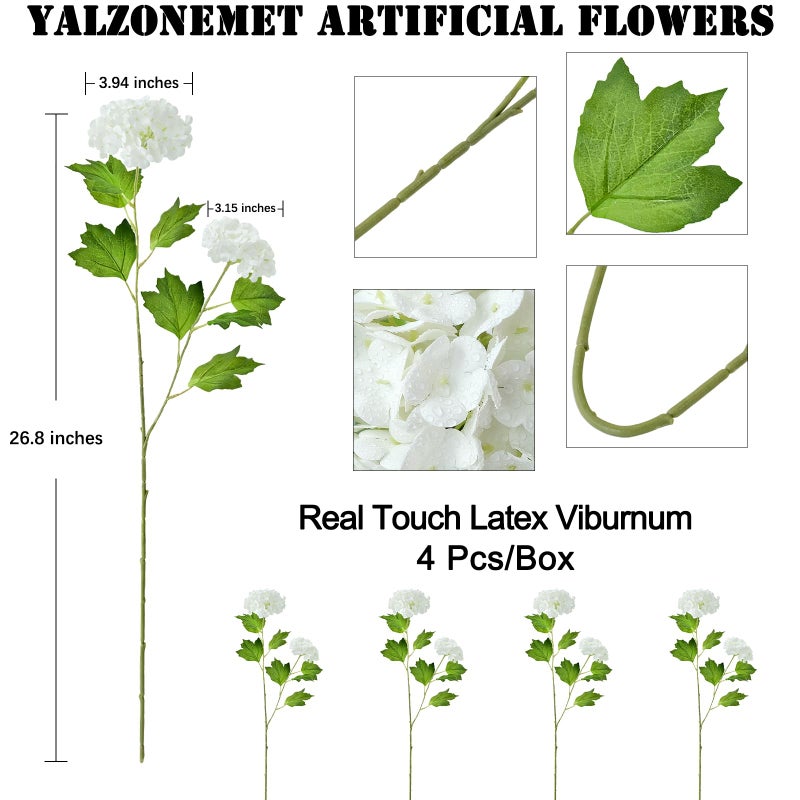 YalzoneMet 4 Pcs 26.8'' Viburnum Artificial Flower Snowball Lifelike Long Stem Real Touch White Small Hydrangea Latex Flower for Home Christmas Decoration Table Centerpieces Floral Arrangements - Image 4