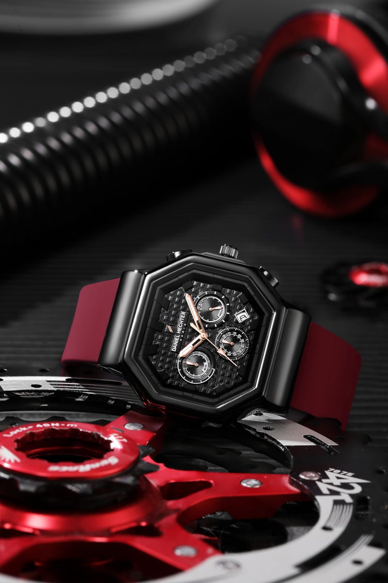 Daniel Hechter Paris Daumesnil Collection Analog Watch for Men Hexagonal Chronograph Watch Black Textured Dial, Multi-Function Display, Red Silicone Strap, Date Window - Image 3