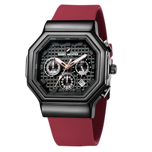 Daniel Hechter Paris Daumesnil Collection Analog Watch for Men Hexagonal Chronograph Watch Black Textured Dial, Multi-Function Display, Red Silicone Strap, Date Window - Image 1