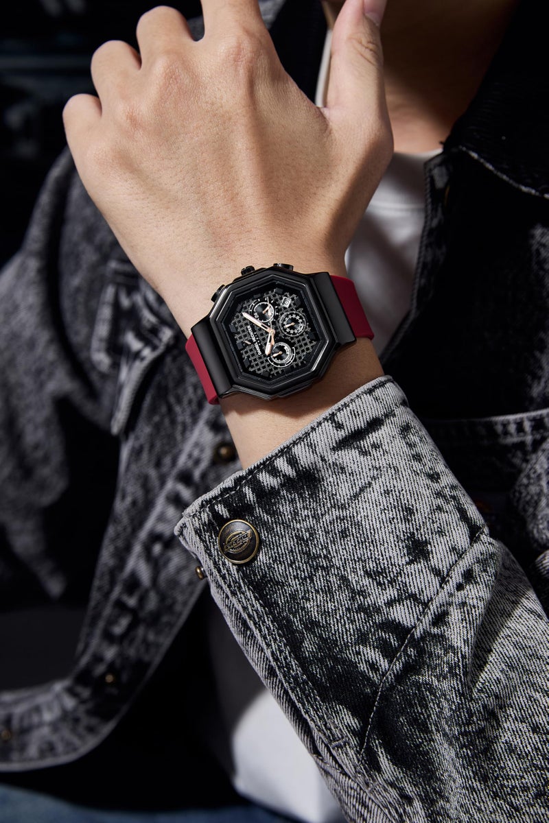 Daniel Hechter Paris Daumesnil Collection Analog Watch for Men Hexagonal Chronograph Watch Black Textured Dial, Multi-Function Display, Red Silicone Strap, Date Window - Image 2