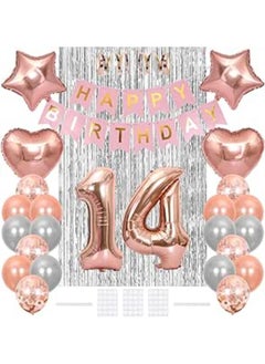 14th Birthday Decoration Happy Birthday Banner Flag 14 Year Old Birthday Party Supplies Tinsel Curtain Number 14 Balloon Confetti Latex Helium Balloon Star Heart Foil Ballo