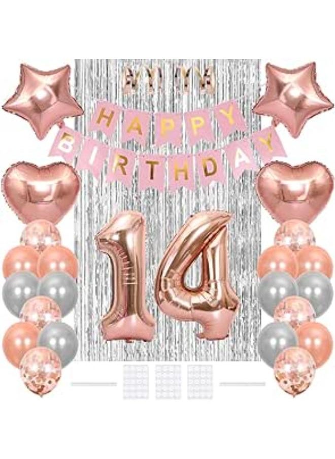 Generic - 14th Birthday Decoration Happy Birthday Banner Flag 14 Year Old Birthday Party Supplies Tinsel Curtain Number 14 Balloon Confetti Latex Helium Balloon Star Heart Foil Ballo - Image 1