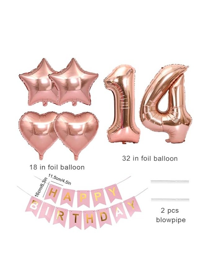Generic - 14th Birthday Decoration Happy Birthday Banner Flag 14 Year Old Birthday Party Supplies Tinsel Curtain Number 14 Balloon Confetti Latex Helium Balloon Star Heart Foil Ballo - Image 1