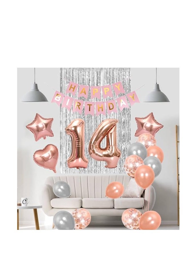 Generic - 14th Birthday Decoration Happy Birthday Banner Flag 14 Year Old Birthday Party Supplies Tinsel Curtain Number 14 Balloon Confetti Latex Helium Balloon Star Heart Foil Ballo - Image 1