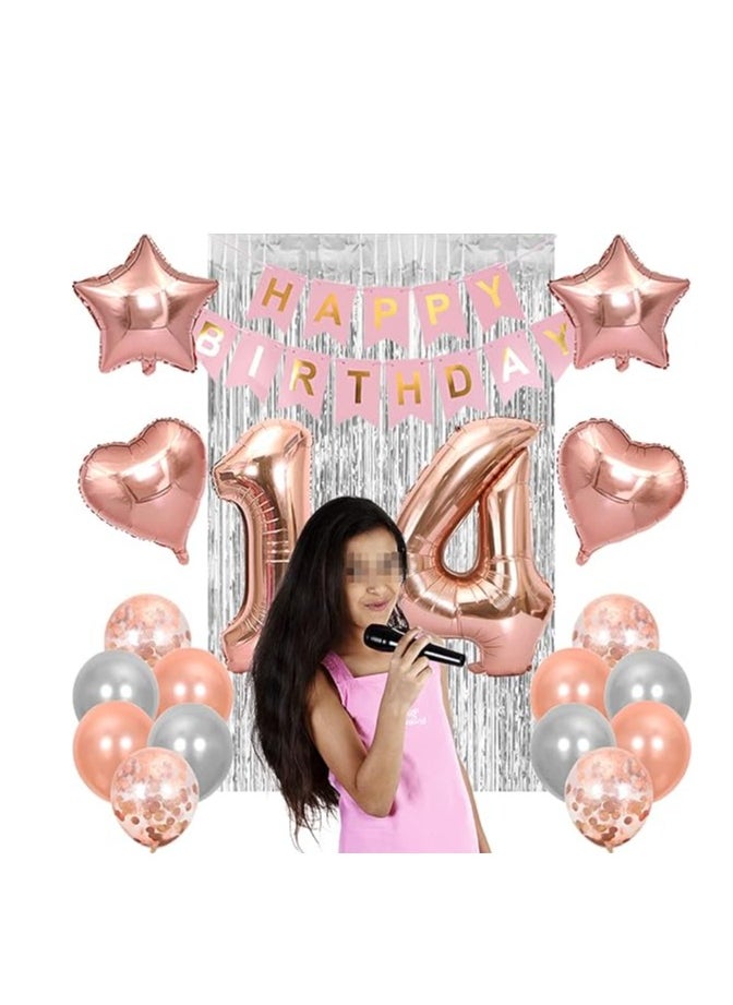 Generic - 14th Birthday Decoration Happy Birthday Banner Flag 14 Year Old Birthday Party Supplies Tinsel Curtain Number 14 Balloon Confetti Latex Helium Balloon Star Heart Foil Ballo - Image 1