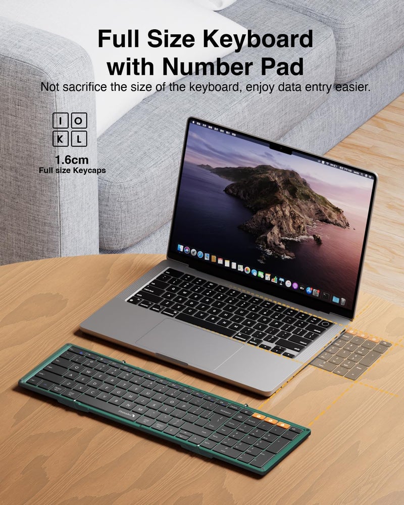 ProtoArc لوحة مفاتيح القابلة للطي عبر البلوتوث، XK01 لوحة مفاتيح لاسلكية محمولة كاملة الحجم للسفر، 105 مفتاح، أغطية مفاتيح 0.65 بوصة، مزامنة متعددة الأجهزة لأجهزة iPad والكمبيوتر اللوحي والهاتف الذكي والكمبيوتر المحمول وأجهزة الكمبيوتر بنظامي Windows وiOS وAndroid، باللون الأخضر - Image 5