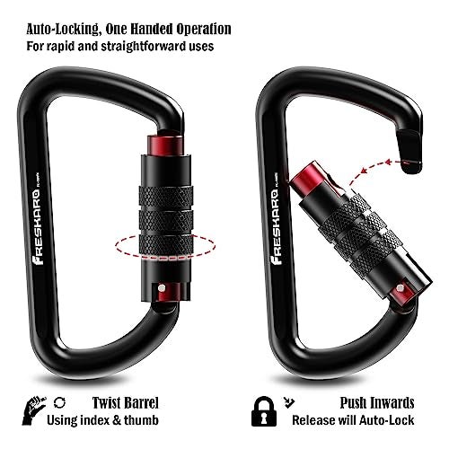 FresKaro 3 inch Locking Carabiner Clips-Twist Auto Lock Caribeener, Heavy Duty Keychain Key carabeaner Hooks, 7075 Aerial Aluminum Ultra Light, for Hammock, Hiking, Yoga Swing, Camping, Backpack, Black,3pack - Image 3