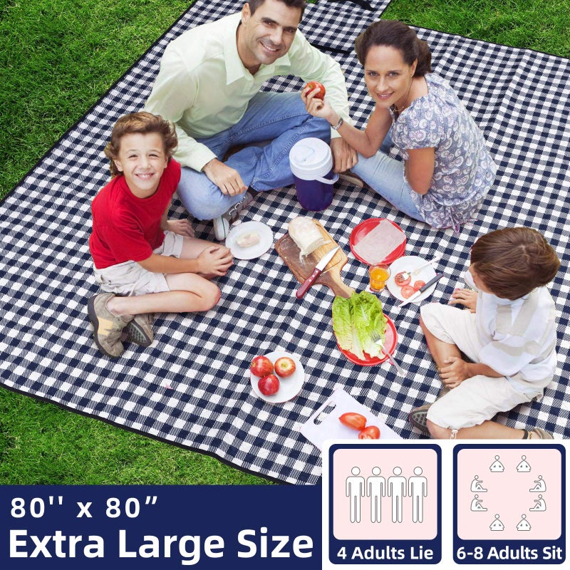 ZAZE Picnic Blankets Machine Washable, 80''x80'' Extra Large Waterproof Sandproof Foldable Compact Beach Blanket, Oversized XL Outdoor Mat for Spring Summer Camping, Park, Travel Grass(Blue and White) - Image 2