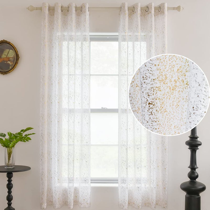 TERLYTEX TERLYTEX White Gold Sheer Curtains 84 Inches Long  Metallic Gold Foil Spots Design Sparkle Sheer Curtains for Living Room  Privacy Grommet Shimmer Sheer Curtains 2 Panels Set  52 x 84 Inch  White Gold - Image 2