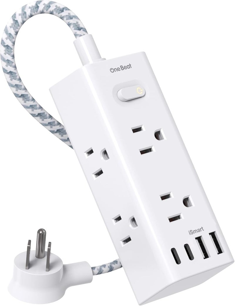 One Beat Short Extension Cord 1Ft, Flat Plug Power Strip Surge Protector - 6 Widely Outlets with 3 USB Ports (1 USB C), Wall Mount Small Power Strip for Travel, Home Office College Dorm Essentials - Image 1