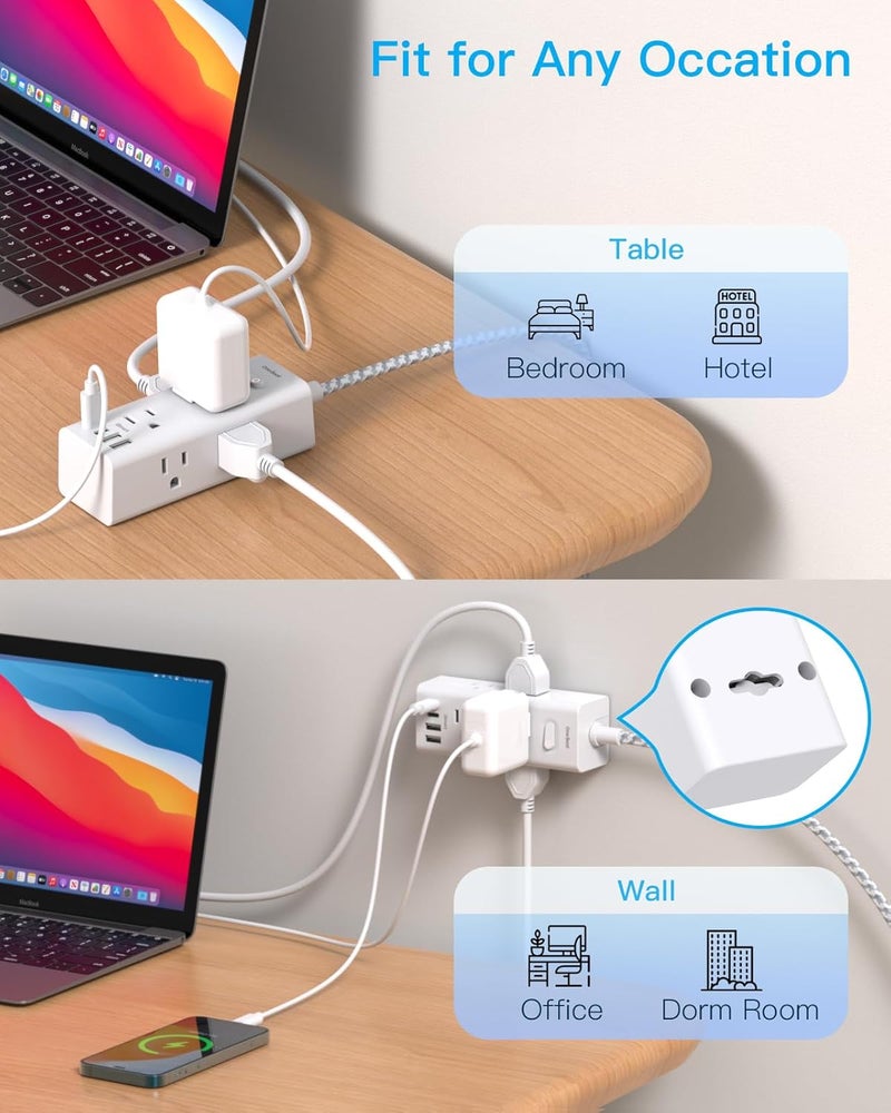 One Beat Short Extension Cord 1Ft, Flat Plug Power Strip Surge Protector - 6 Widely Outlets with 3 USB Ports (1 USB C), Wall Mount Small Power Strip for Travel, Home Office College Dorm Essentials - Image 5