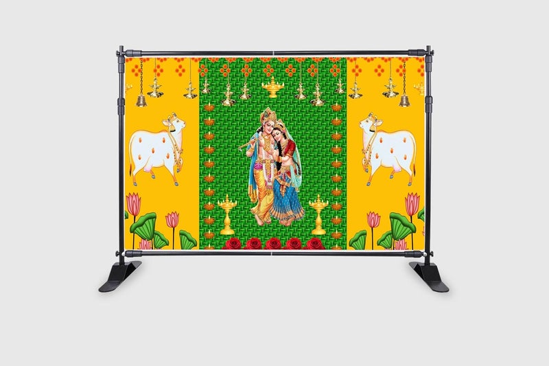 Backdropon ستارة خلفية تقليدية بتصميم شري رادا كريشنا مع بقرتين وشاتيا خضراء للزينة في البوجا، حجم 5 أقدام ارتفاع و8 أقدام عرض (5 * 8) - Image 2