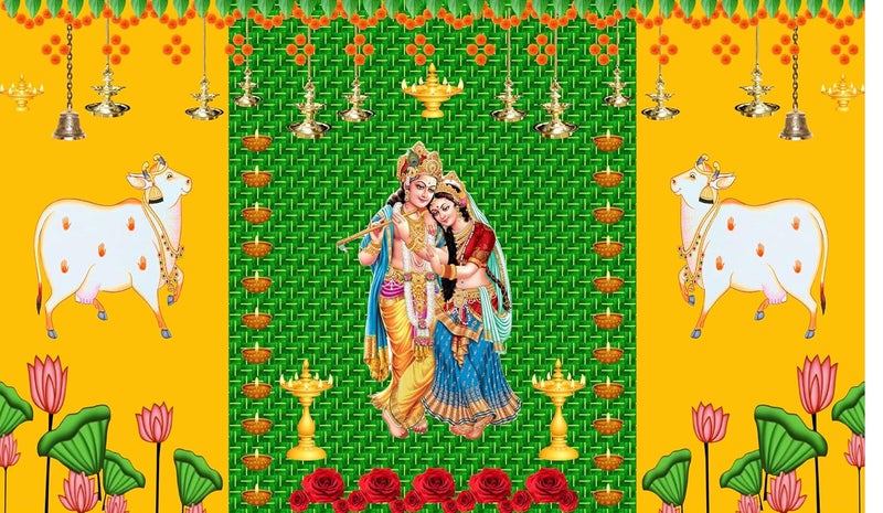 Backdropon ستارة خلفية تقليدية بتصميم شري رادا كريشنا مع بقرتين وشاتيا خضراء للزينة في البوجا، حجم 5 أقدام ارتفاع و8 أقدام عرض (5 * 8) - Image 1