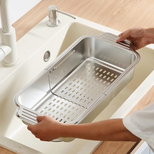 KRESHU 17.5Inch Supply Over Sink Kitchen Expandable Strainer | Stainless Steel Retractable Sink Draining Basket Wash Vegetables & Fruits | Drain Pasta & Dry Dishes Evenly Spaced Holes (Pack of 1) - Image 3