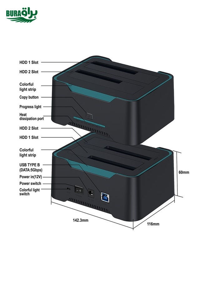 BURAQ Onten UHD6 Dual Bay External Hard Drive Docking Station Expansion Base  - Image 3