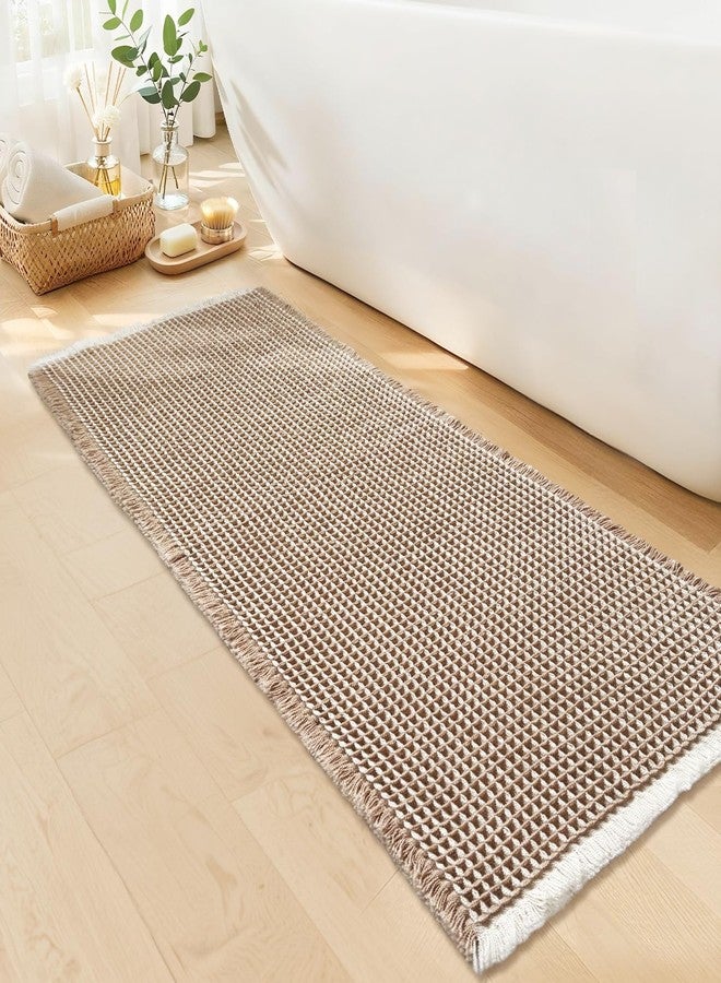 GRLYUH Waffle Runner Bath Mat - Long Boho Bathroom Rugs Non Slip Washable, Super Absorbent & Quick Dry, Soft Bath Mat Farmhouse Bathroom Decor, 24'' x 60'', Khaki and White - Image 1