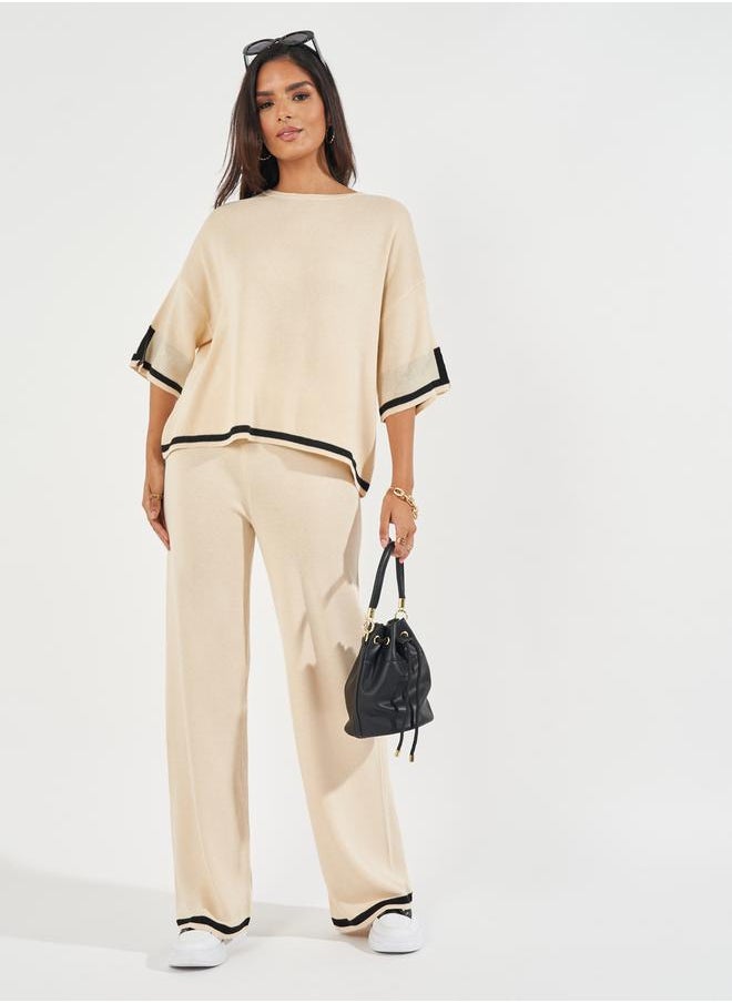 Styli Wide Leg Casual Knit Pants with Contrast Trim  - Image 1