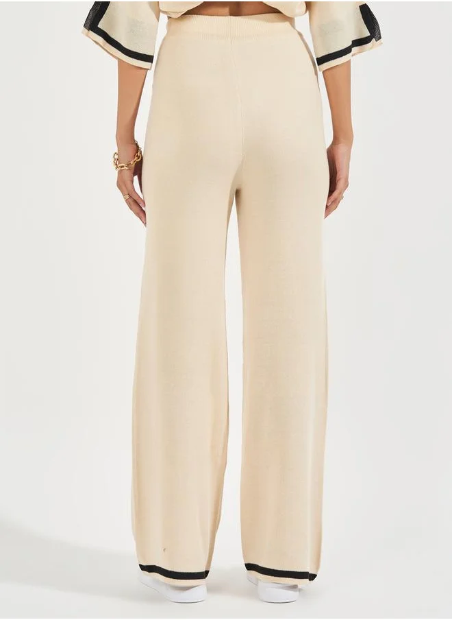 Styli Wide Leg Casual Knit Pants with Contrast Trim