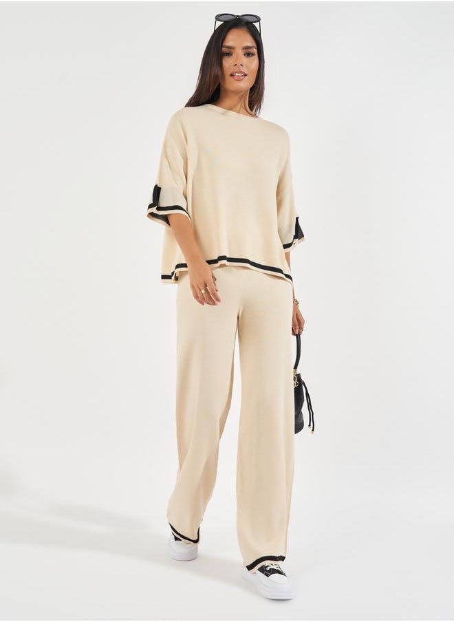 Styli Wide Leg Casual Knit Pants with Contrast Trim  - Image 2