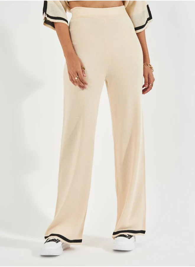 Styli Wide Leg Casual Knit Pants with Contrast Trim