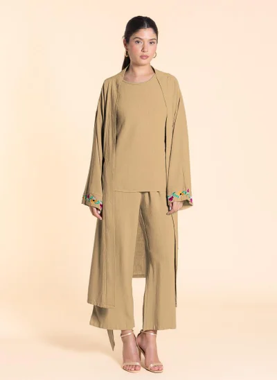 SHAPES LINEN BLEND EMBROIDERED KIMONO SET