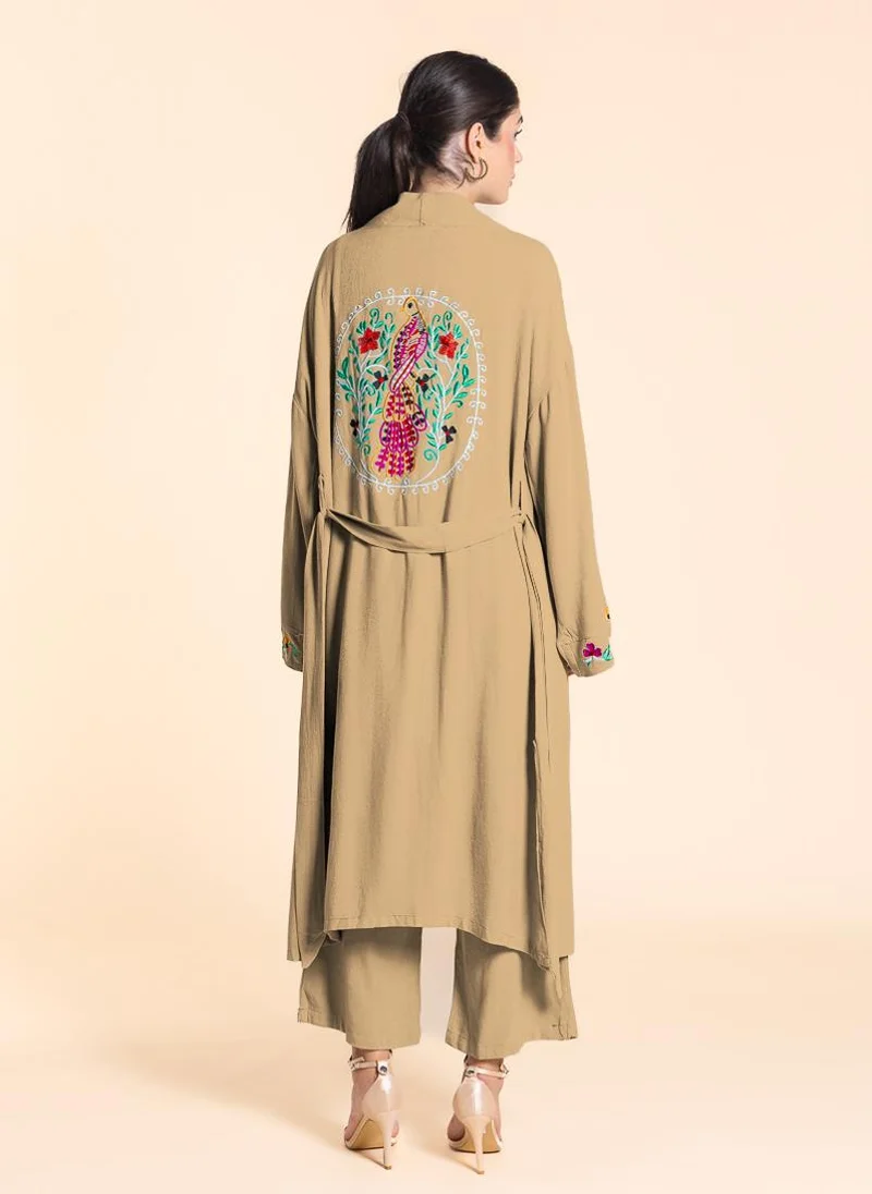 SHAPES BEIGE LINEN BLEND EMBROIDERED KIMONO SET for Women | Best Price UAE