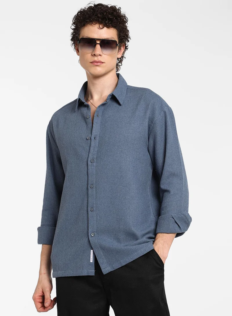 Campus Sutra Men's Lapis Blue Waffle-Knit Shirt