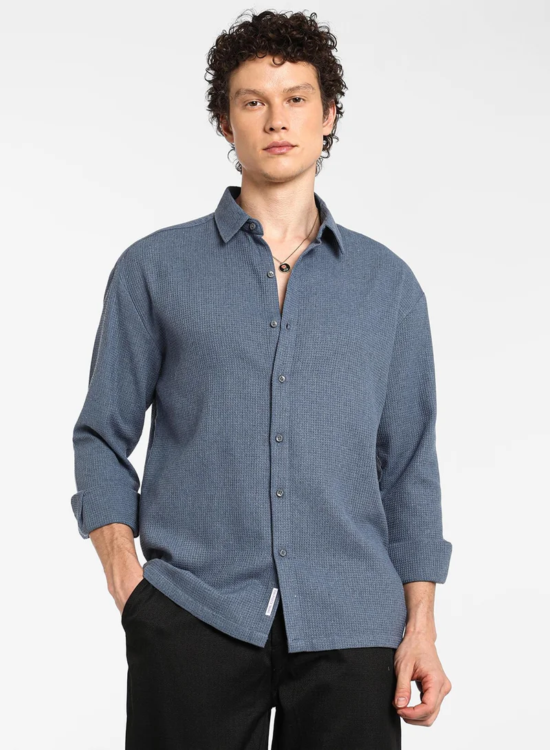 Campus Sutra Men's Lapis Blue Waffle-Knit Shirt