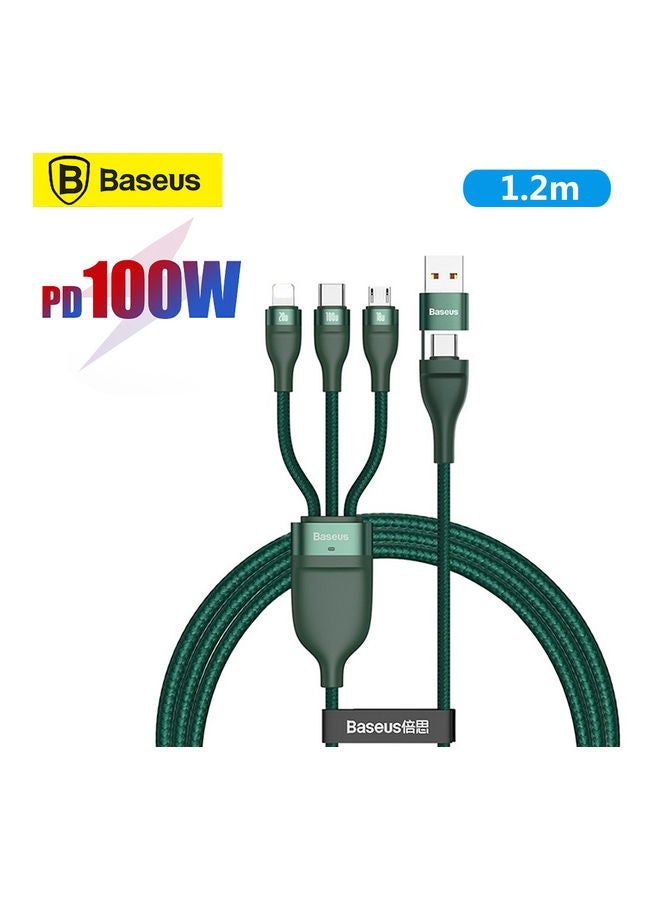 كابل شحن من منفذي USB A و USB C إلى 3 منافذ مايكرو USB ولايتنينج و Type-C من سلسلة فلاش بقدرة 100 وات، متوافق مع هواتف أبل من السلاسل 13 12 11 وماك بوك وآي باد وشاومي وسامسونج وهواوي وغيرها، بطول 1.2 متر أخضر