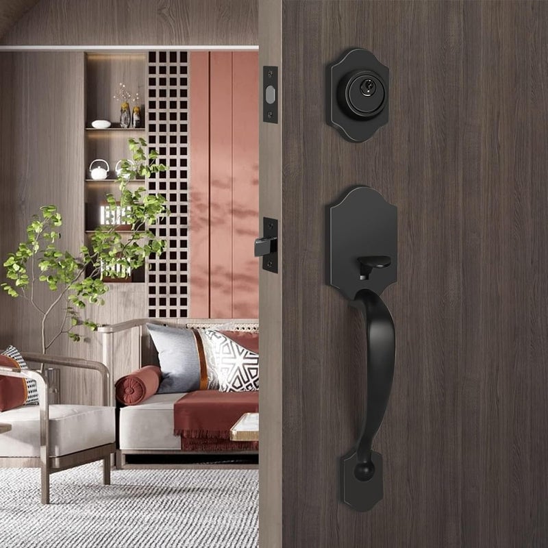 Haidms Matte Black Front Door Handle and Deadbolt Set, Front Door Lock Set, Entry Door Locksets with Deadbolt Single Cylinder, Exterior Door Handle with Reversible Handle Lever - Image 2