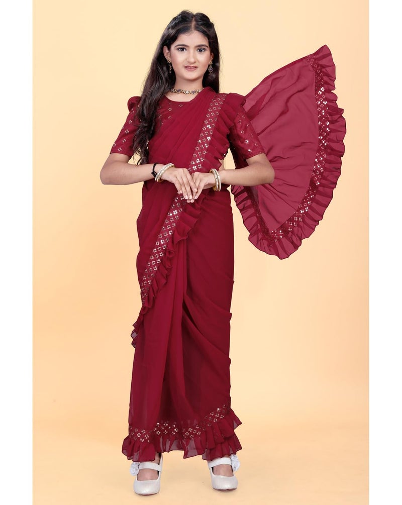 Xavima Kids Ethnic Wine Saree for Girls with Unstitched Blouse | Floral Embroidered Ready to Wear Saree | Lightweight Traditional Dress for Festive (Maroon 11-12 Years) - Image 2