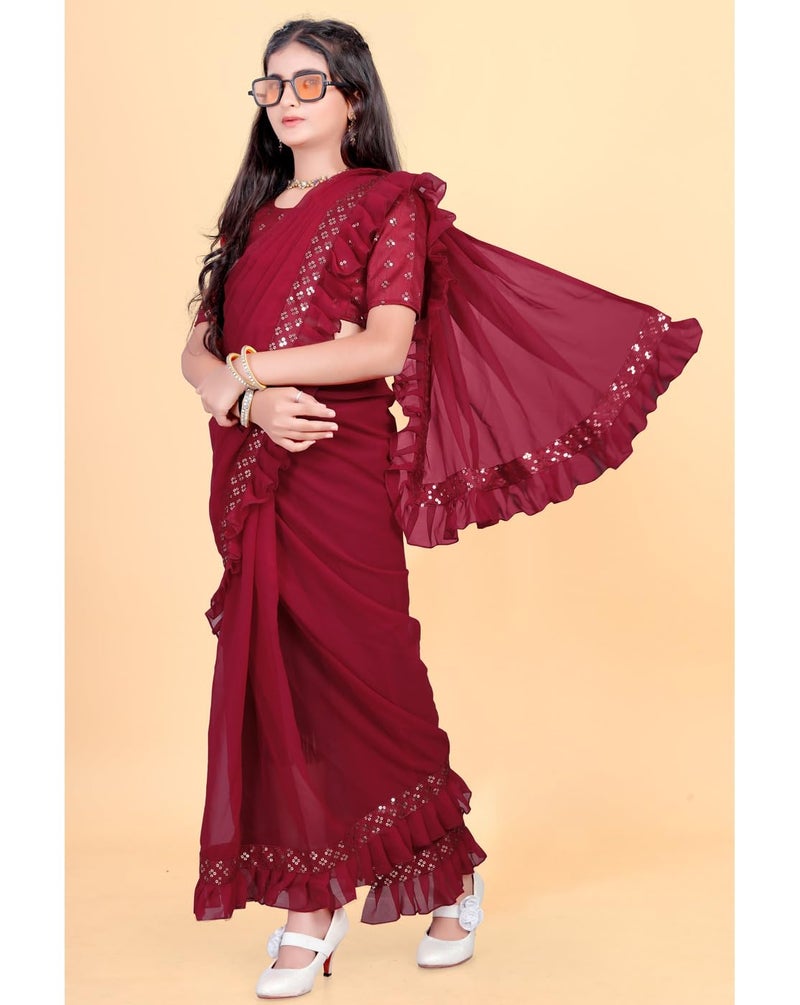 Xavima Kids Ethnic Wine Saree for Girls with Unstitched Blouse | Floral Embroidered Ready to Wear Saree | Lightweight Traditional Dress for Festive (Maroon 11-12 Years) - Image 4