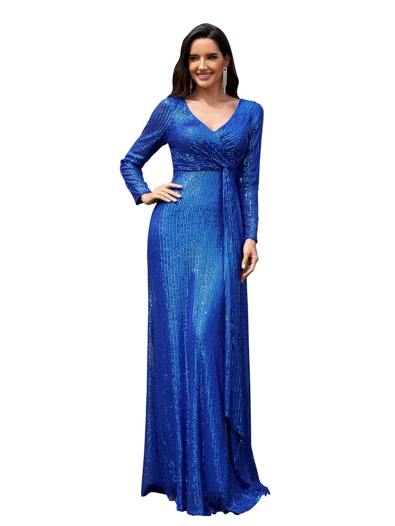XUIBOL Glitter Sequin Formal Evening Gown Long Sleeve V Neck Wedding Guest Dress for Women Royal Blue L