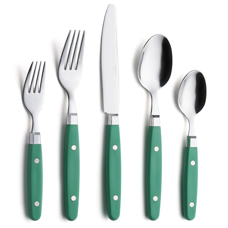 ANNOVA Silverware Set RetroRivet Colorful Stainless Steel Tableware Kitchen Flatware Set Utensils Includes Dinner Knives Forks Spoons Salad Forks Dessert Spoons Green 20 Pieces