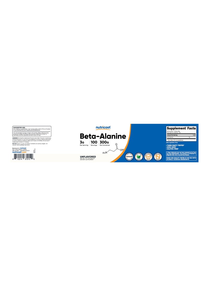 Nutricost - Beta-Alanine, 3G Per Serving, 100 Servings, 300g Per Container- Unflavored Net Wt.10.7 Oz (300 G ) Dietary Supplement - Image 1