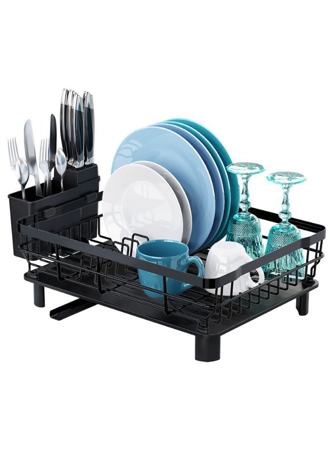 سوفام رف تجفيف الأطباق المصنوعة من الحديد مع مجففات الأطباق المصنوعة من الألواح المعدنية لعداد المطبخ مجففات أنابيب التصريف القابلة للتوسعة مع حامل الأواني وفتحات السكين، أسود - Image 1