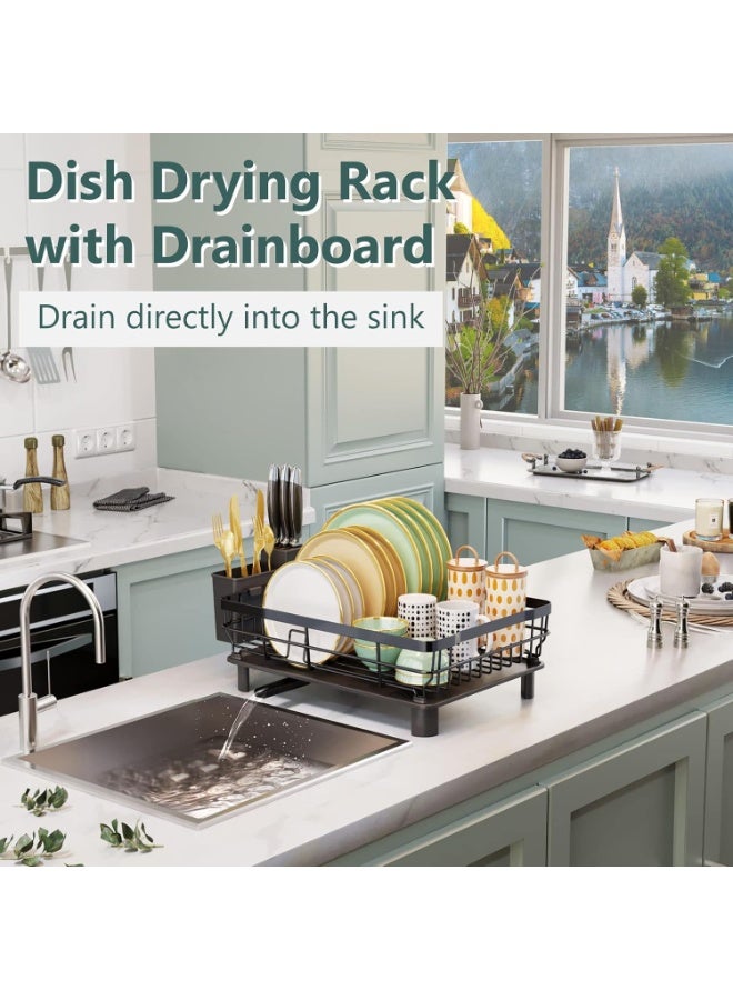 سوفام رف تجفيف الأطباق المصنوعة من الحديد مع مجففات الأطباق المصنوعة من الألواح المعدنية لعداد المطبخ مجففات أنابيب التصريف القابلة للتوسعة مع حامل الأواني وفتحات السكين، أسود - Image 2