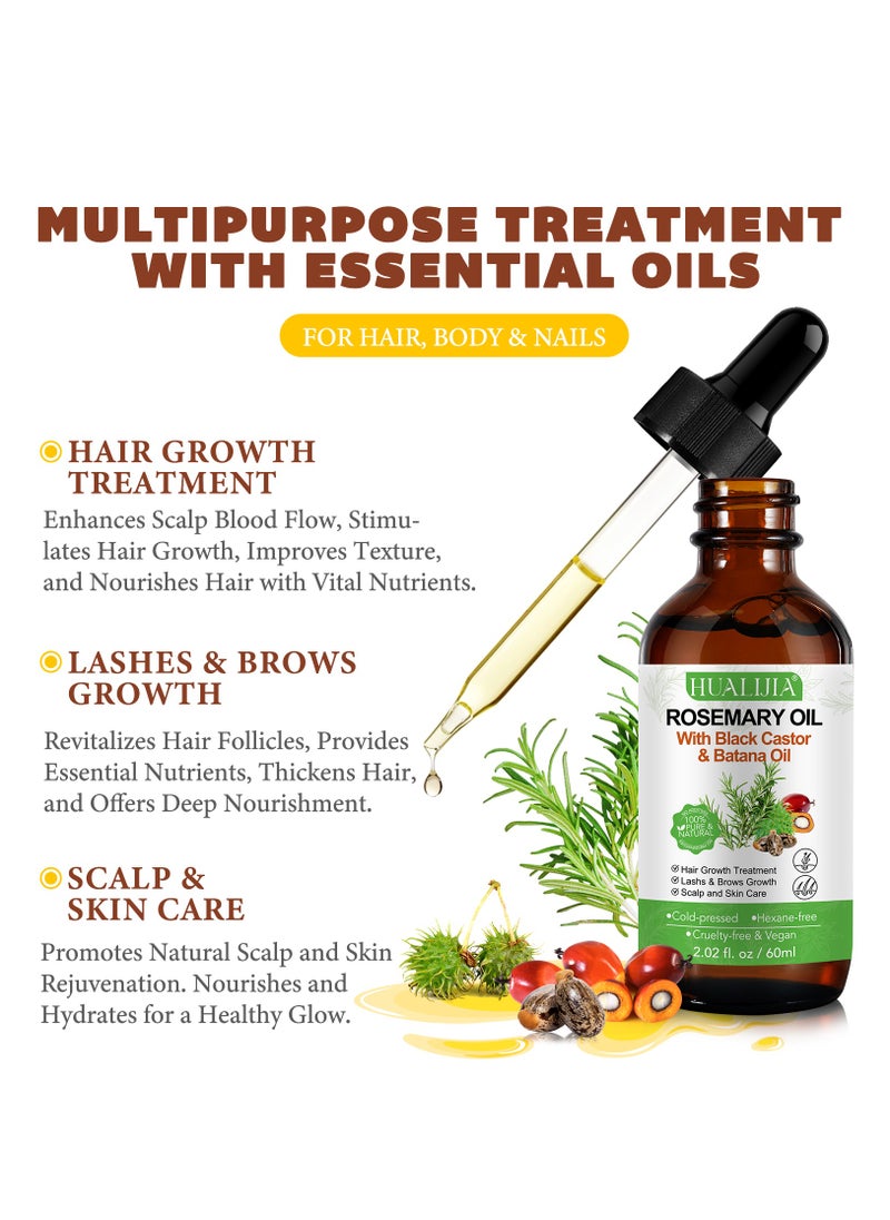 HUALIJIA - 3 In 1 Rosemary Oil with Black Castor Oil & Batana Oil for Hair Care Hair Conditioner Oil for Thin Hair Repair Damaged Hair Nourishes Thin Hair Scalp Skin and Loss Hair Growth Fit 60ml - Image 1