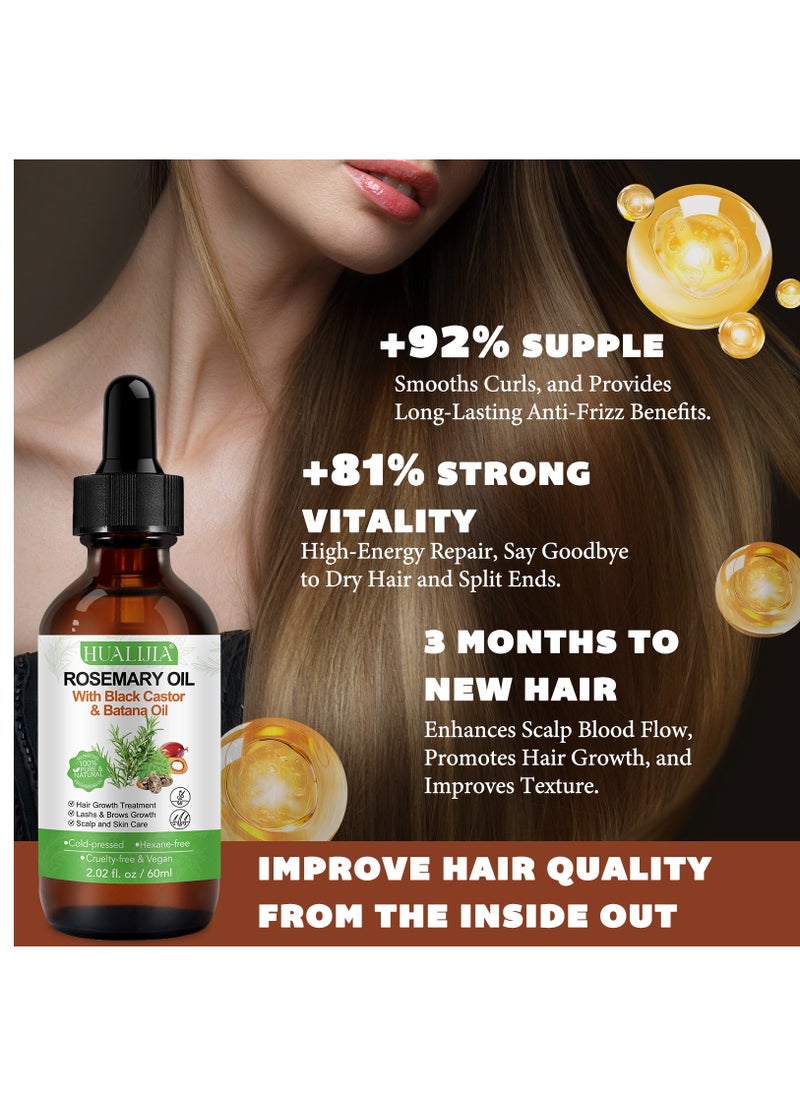 HUALIJIA - 3 In 1 Rosemary Oil with Black Castor Oil & Batana Oil for Hair Care Hair Conditioner Oil for Thin Hair Repair Damaged Hair Nourishes Thin Hair Scalp Skin and Loss Hair Growth Fit 60ml - Image 1