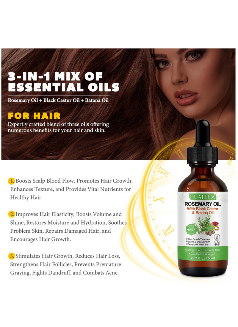 HUALIJIA - 3 In 1 Rosemary Oil with Black Castor Oil & Batana Oil for Hair Care Hair Conditioner Oil for Thin Hair Repair Damaged Hair Nourishes Thin Hair Scalp Skin and Loss Hair Growth Fit 60ml - Image 1