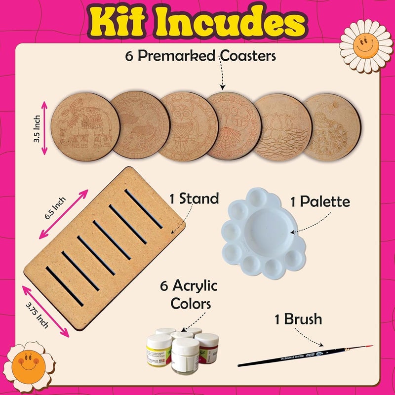 SOLOBOLO Madhubani Painting Kit Tea Coasters with Stand - Art and Craft kit for Girls 9-12, Coaster DIY Craft Kit, Painting kit for Kids 6-12, Gift for Children's (Multicolour Wood) - Image 2