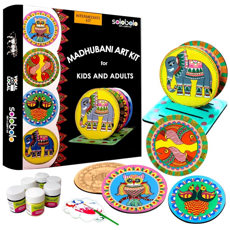 SOLOBOLO Madhubani Painting Kit Tea Coasters with Stand - Art and Craft kit for Girls 9-12, Coaster DIY Craft Kit, Painting kit for Kids 6-12, Gift for Children's (Multicolour Wood) - Image 1